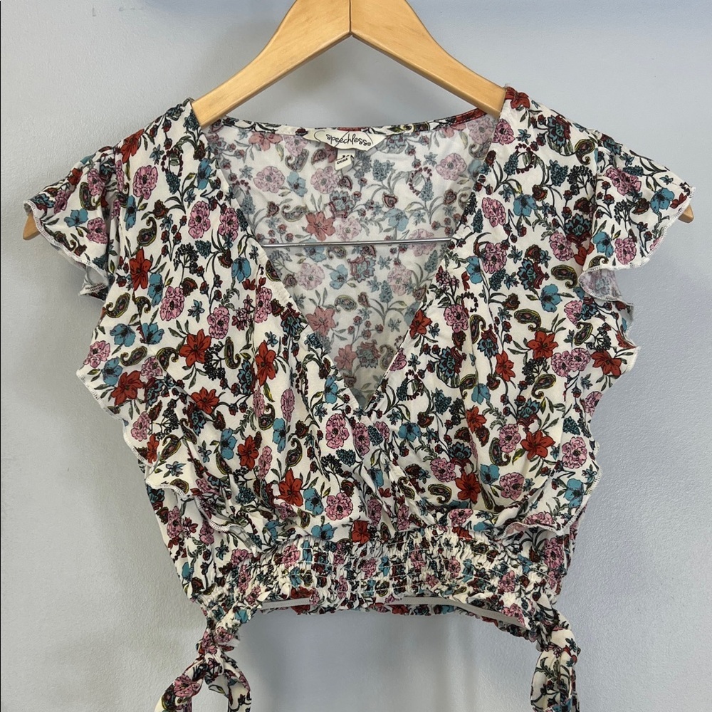 Speechless Multicolor Floral Ruffle Crop Top Faux Wrap Sz M
